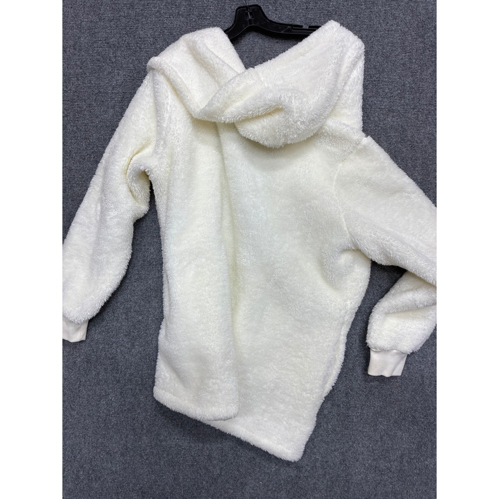 Sherpa White Fleece Hood Cardigan Open Front Pocket Robe Medium